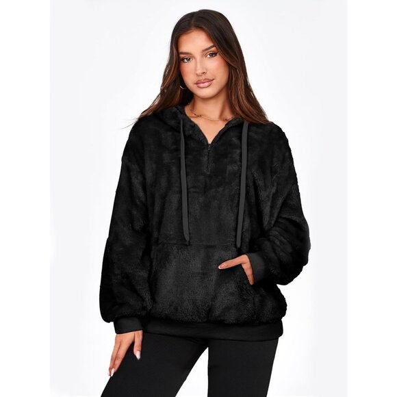 Women Black Oversized Fuzzy Fleece Zip up Hoodie Sweatshirt - Picture 5 of 5